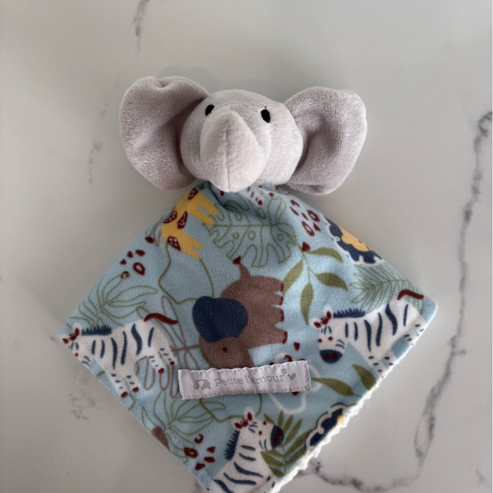 Petite L'amour Gray Elephant Lovey Jungle Aqua Gray Baby Security Blanket